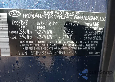 2022 Hyundai Santa Fe Sel z USA, uszkodzony, nr VIN 5NMS34AJ3NH417490